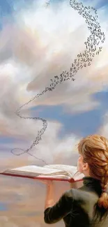 Whimsical woman reading, letters swirl in sky.