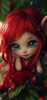 Whimsical red-haired fairy resting in vibrant foliage.