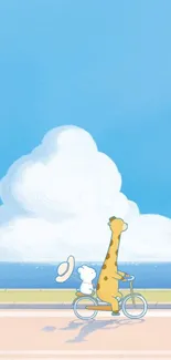 Cartoon giraffe and bear riding a bike under a clear blue sky.