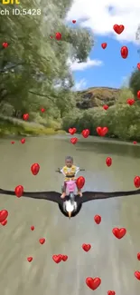 A child on an eagle flying over a river with hearts and nature scenery.