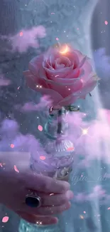 Pink rose with mystical clouds and stars on a lavender background.