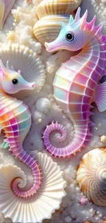 Whimsical seahorses and seashells on a sandy beach.