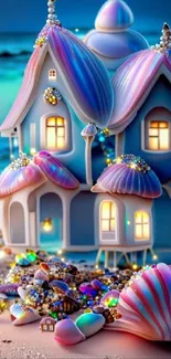 Whimsical seashell cottage glowing softly by the beach, surrounded by colorful shells.