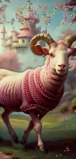 Sheep in a knitted outfit with a castle and whimsical background.