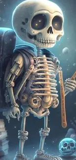 Whimsical skeleton in a cosmic adventure scene under celestial skies.