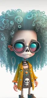 Cartoon skeleton character with vibrant hair and sunglasses.