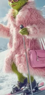 Skiing character in pink fur coat on snowy landscape.