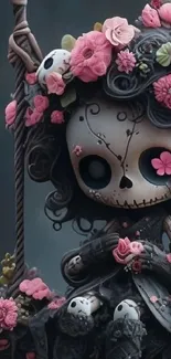 Cute skull with floral decorations on phone wallpaper.
