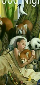 Girl sleeps surrounded by animals and toys under 'Good Night' text.