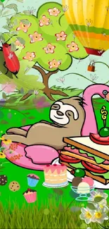 Relaxed sloth in vibrant nature scene with flowers, treats, and hot air balloon.