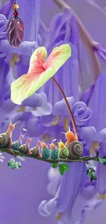 Snails and leaves against a purple floral background.