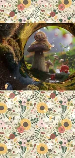 Whimsical snail on mushroom with floral pattern wallpaper.