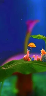 Colorful snails on a leaf with a vibrant blue background.