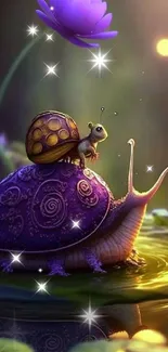 Whimsical snail under a glowing lotus with light orbs in mystical setting.