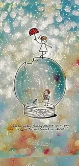 Whimsical snow globe wallpaper with colorful bokeh and dancing figures.