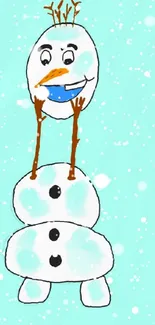 Playful snowman cartoon with turquoise background.