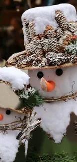 Whimsical snowman scene with rustic hats.