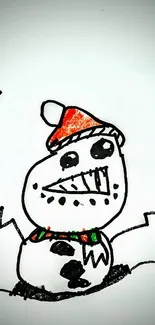 Whimsical snowman sketch with hat and colorful scarf on a white background.