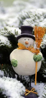 Charming snowman nestled among snowy green branches in a festive winter setting.