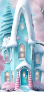 Fantasy snowy cottage with pastel colors and snow-covered roof.