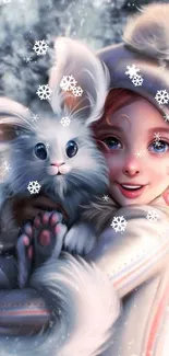 Girl in winter clothes hugging a fluffy bunny with a snowy backdrop.