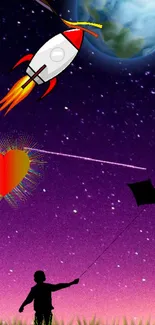 Child with kite, rocket, heart, and Earth in starry purple sky.