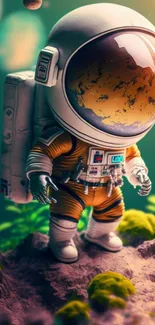 Whimsical astronaut in an alien landscape with planets overhead and vivid colors.