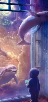 Child gazes at dolphins in a dreamy cosmic realm.