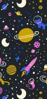 Colorful space wallpaper featuring planets and cats.