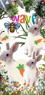 Spring wallpaper with rabbits, flowers, and nature scenes.