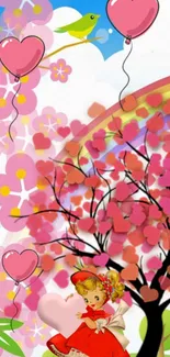 Whimsical wallpaper with pink balloons, a cherry blossom tree, and vintage girl.