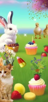 Cute animals and cupcakes in a whimsical spring scene wallpaper.