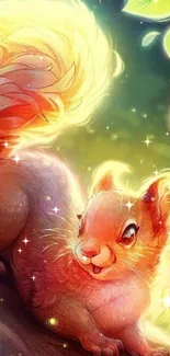 Cute squirrel in an enchanting forest with vibrant golden hues and magical lighting.