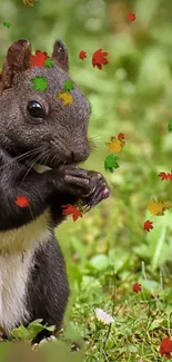 Squirrel with autumn leaves on green grass background.