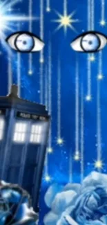 Whimsical blue wallpaper with stars and eyes.