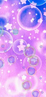 Whimsical starry galaxy wallpaper with pastel colors and bubbles.