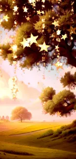 Whimsical landscape with stars hanging from a tree during sunset.