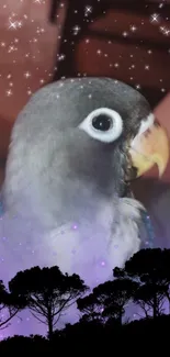 Whimsical bird under a starry sky with silhouette trees.