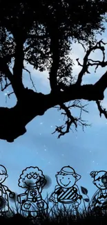 Whimsical stick figures under a starry night sky with silhouette tree.