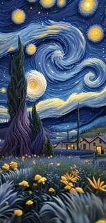 Whimsical starry night wallpaper with swirling skies and vibrant colors.