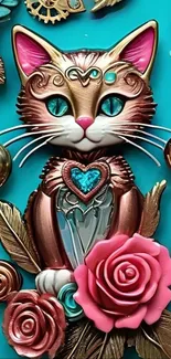 Whimsical steampunk cat art wallpaper with roses and gears.