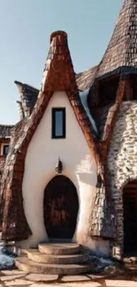 Whimsical stone cottage with unique architecture and rustic charm.