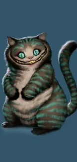 Whimsical striped cat on a teal background.