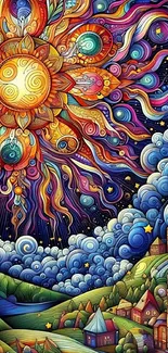 Vibrant sun and village with swirling patterns in colorful art wallpaper.