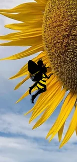 Whimsical fairy on yellow sunflower against blue sky.