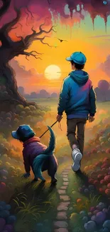 Whimsical scene of boy and dog at sunset.