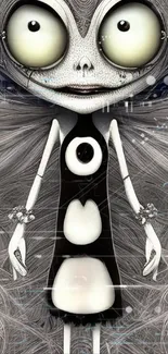 Surreal whimsical character art with a monochrome theme on mobile wallpaper.