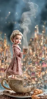 Fantasy teacup cityscape wallpaper illustration.