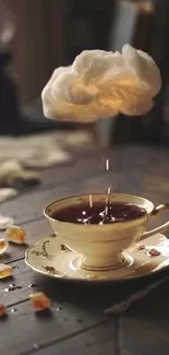 Mobile wallpaper of a cloud raining into a teacup on a wooden table.