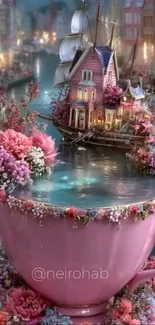 Whimsical teacup with flowers and village.